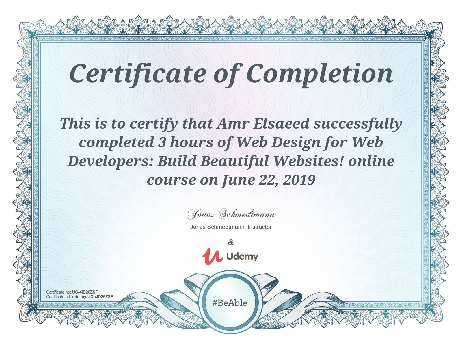 Udemy Web Design certificate For Amr Moustafa