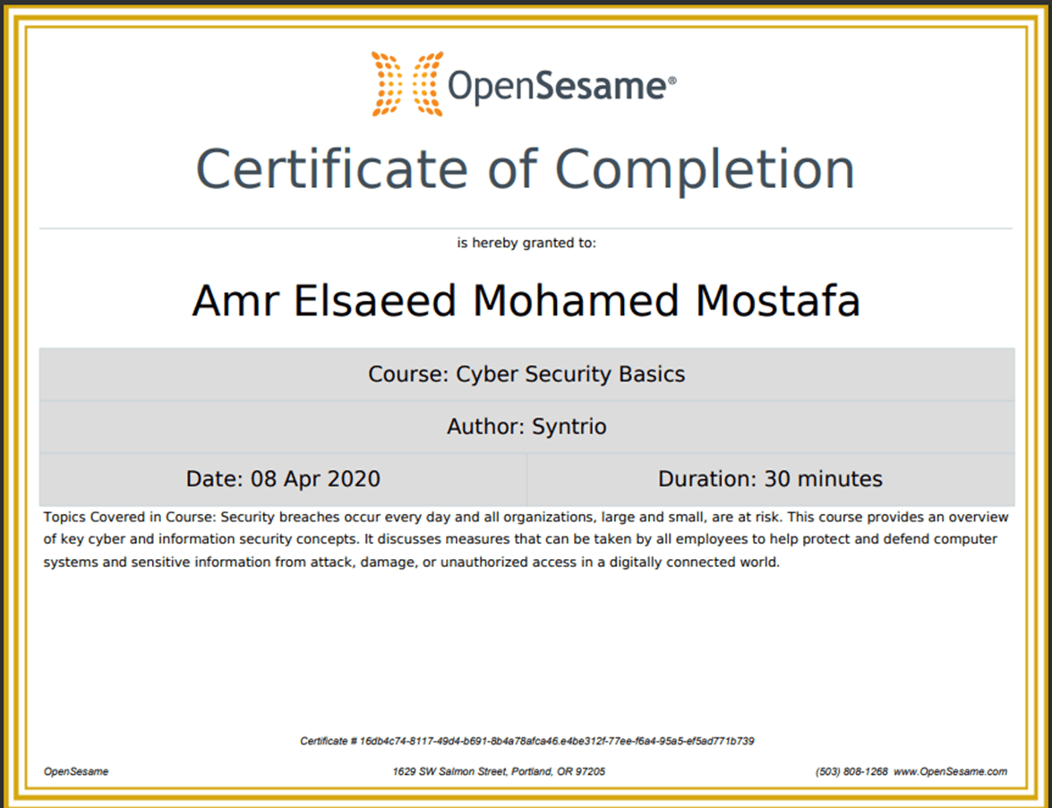 OpenSesame Cyber Security Basics Certification