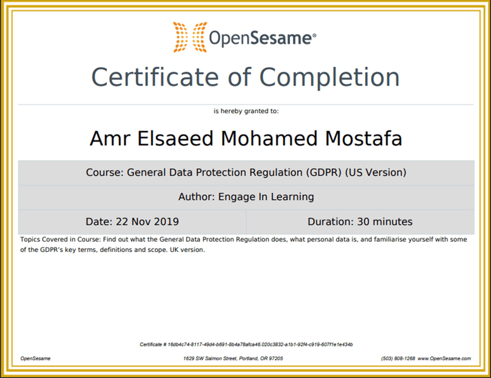 OpenSesame GDPR US Certification